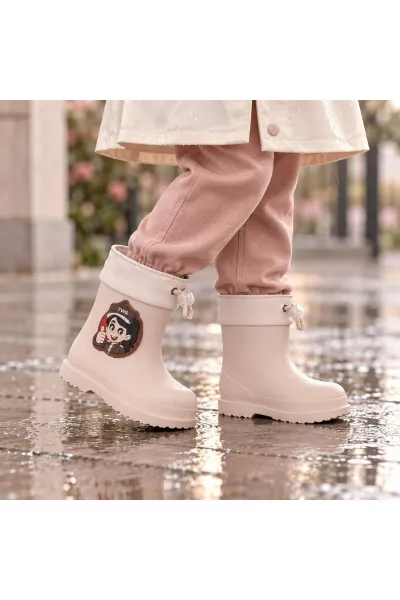 Işıklı Emojili Su Geçirmez Kaymaz Taban Unisex Çocuk Yağmur Çizmesi — Ekru