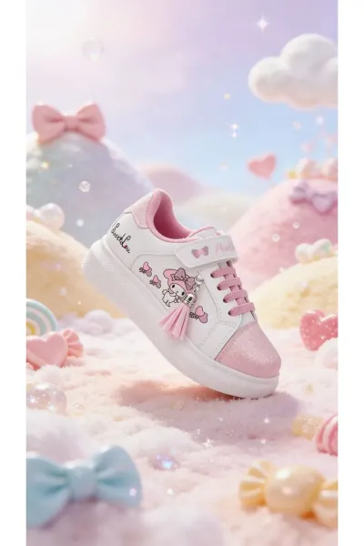 Melodia Detaylı Simli Kız Çocuk Spor Ayakkabısı, Sneaker (1 NUMARA BÜYÜK ALINIZ)(DAR KALIP) — Beyaz Pembe