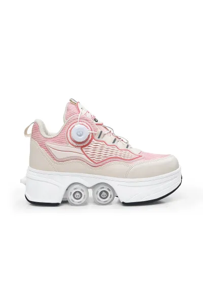 Unisex Tek Tuşla Açılıp Kapanabilen Gizli Tekerlekli Patenli Spor Ayakkabı Sneaker — Bej Pembe
