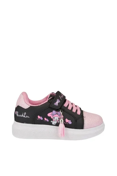 Melodia Detaylı Simli Kız Çocuk Spor Ayakkabısı, Sneaker (1 NUMARA BÜYÜK ALINIZ)(DAR KALIP) — Siyah Pembe