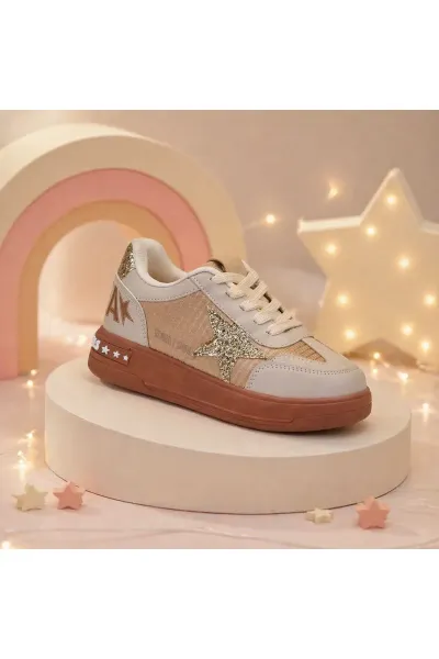 Kız Çocuk Simli Yıldız Detaylı Bağcıklı Günlük Sneaker Spor Ayakkabı — Bej