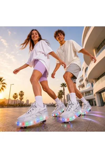 LED Işıklı Patenli Spor Ayakkabı 36-40 Numara Tekerlekli Unisex Sneaker — Beyaz