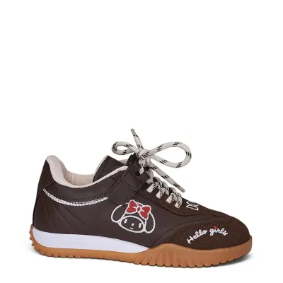 Sevimli Karakter Nakışlı Cırtlı Bağcıklı Kız Çocuk Günlük Sneaker — Kahverengi