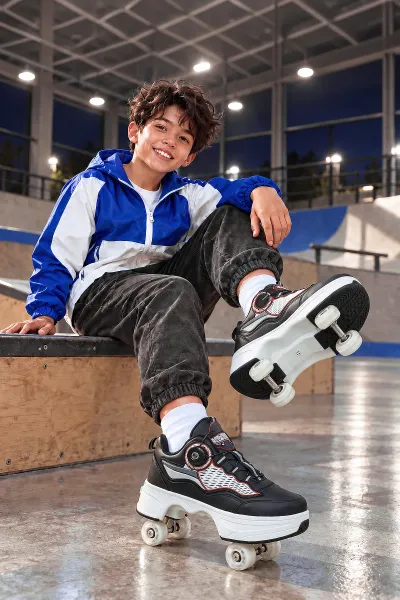Unisex Tek Tuşla Açılıp Kapanabilen Gizli Tekerlekli Patenli Spor Ayakkabı Sneaker — Siyah