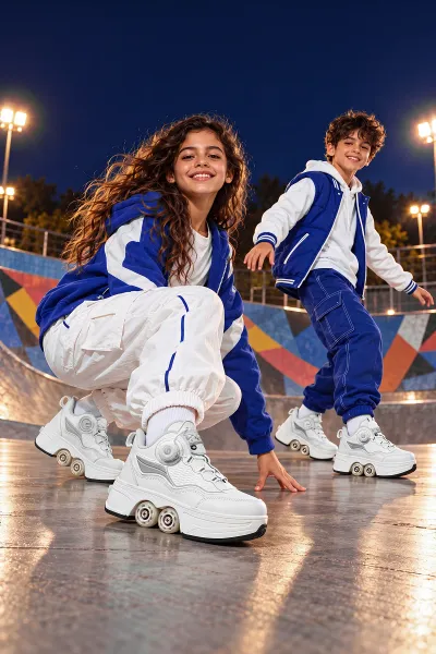 Unisex Tek Tuşla Açılıp Kapanabilen Gizli Tekerlekli Patenli Spor Ayakkabı Sneaker — Beyaz