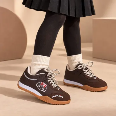 Sevimli Karakter Nakışlı Cırtlı Bağcıklı Kız Çocuk Günlük Sneaker — Kahverengi