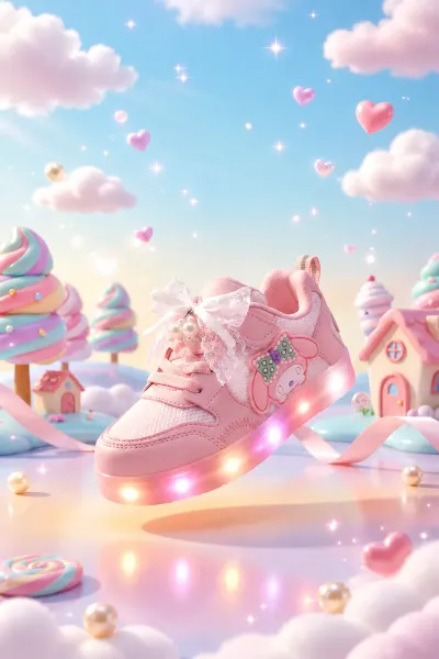 Kız Çocuk İnci Detaylı Dantelli Kurdeleli Işıklı Sneaker