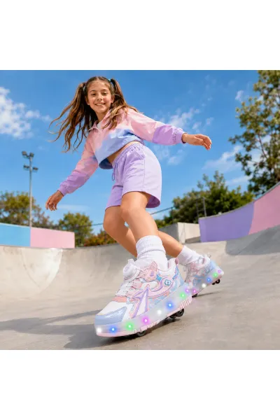 Patenli Işıklı 4 Tekerlekli LED Spor Ayakkabı Sneaker — Açık Pembe