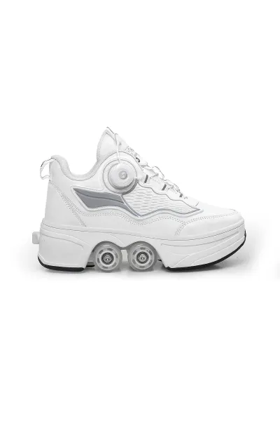 Unisex Tek Tuşla Açılıp Kapanabilen Gizli Tekerlekli Patenli Spor Ayakkabı Sneaker — Beyaz