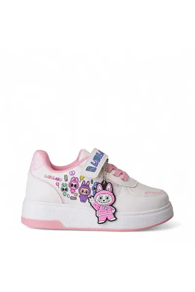 Labu Labu Baskılı Kız Çocuk Spor Ayakkabısı Sneaker (1 NUMARA BÜYÜK ALINIZ)(DAR KALIP) — Beyaz-Pembe