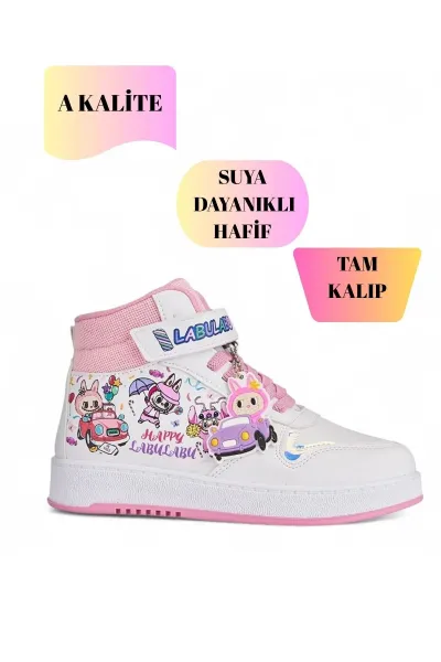 Labu Labu Baskılı Bilekli Kız Çocuk Spor Ayakkabısı Sneaker — Beyaz-Pembe