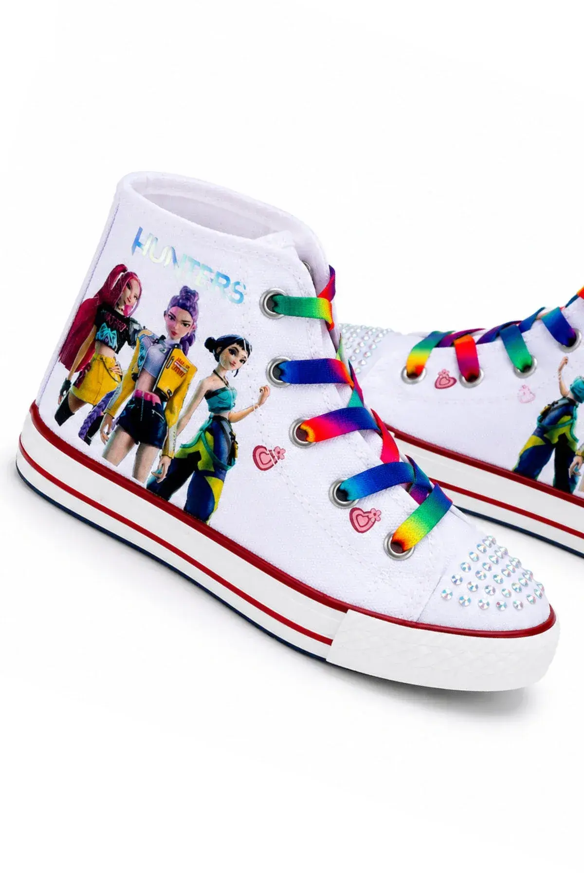 K-Pop Temalı Baskılı Kız Çocuk Sneaker, Fermuarlı ve Bağcıklı — Beyaz 2