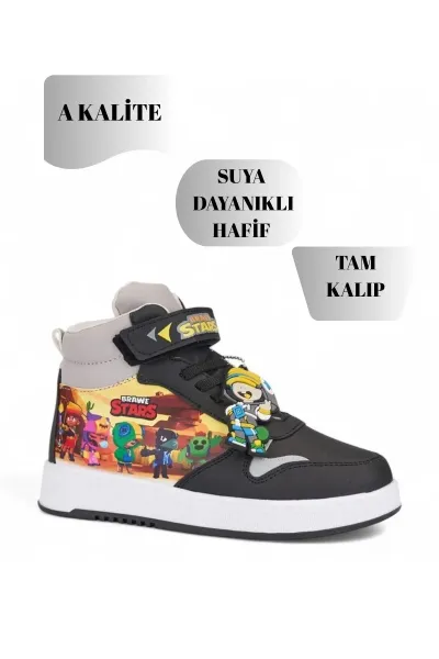 Stars Baskılı Erkek Çocuk Spor Ayakkabısı, Sneaker — Siyah-Gri