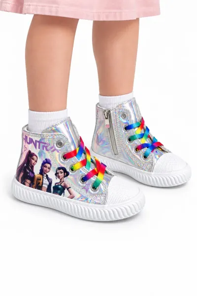 Hunterix & Huntrx Temalı Kız Çocuk Spor Ayakkabı, Sneaker, Fermuarlı ve Bağcıklı — Siyah Açık Gri