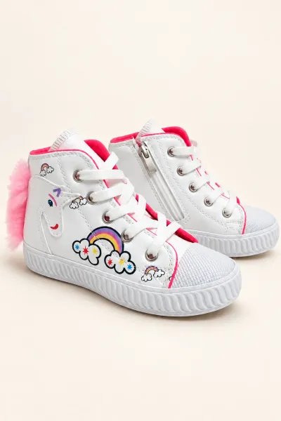 Manifest, Unicorn Baskılı Kız Çocuk Işıklı Sneaker.Spor Ayakkabı Beyaz