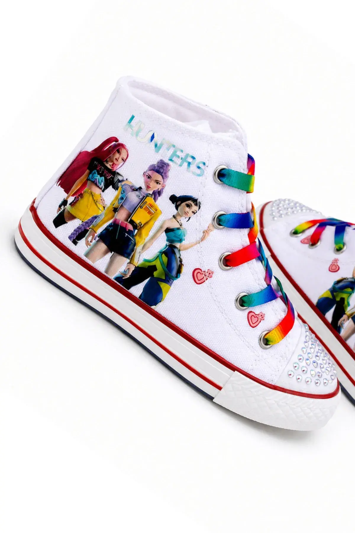 K-Pop Temalı Baskılı Kız Çocuk Sneaker, Fermuarlı ve Bağcıklı — Beyaz 3