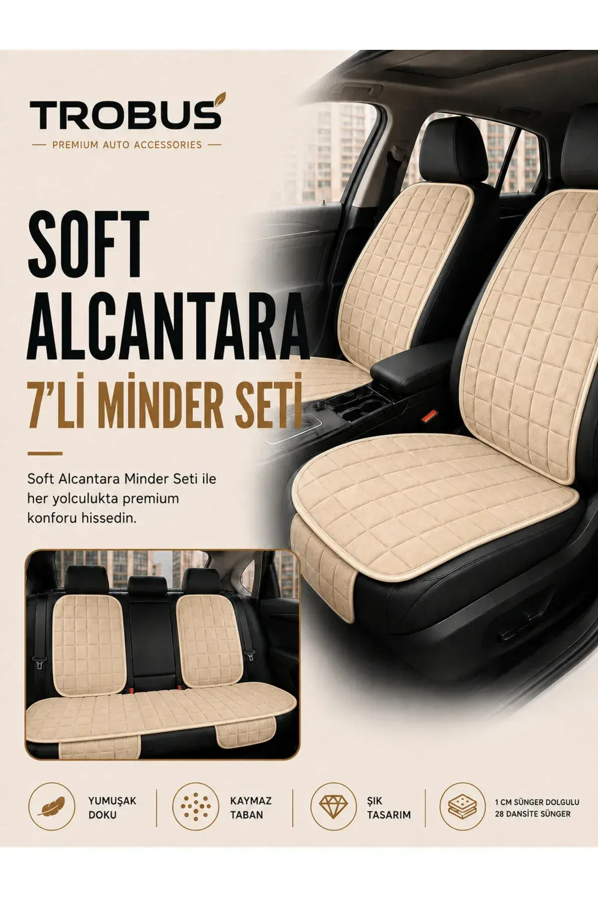 Üniversal Soft Alcantara Kare Desen 7'li Oto Koltuk Minderi Bej (1)
