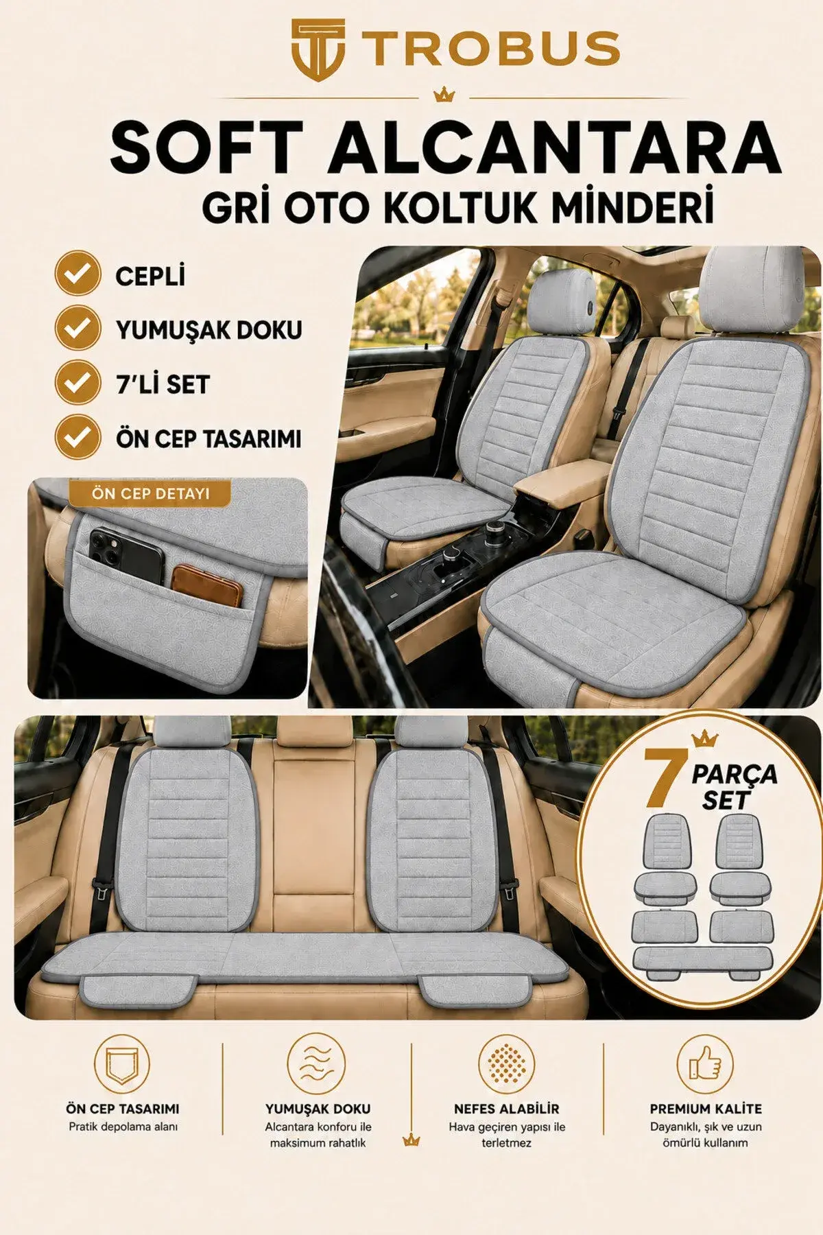 Üniversal Soft Alcantara Çizgili 7'li Oto Koltuk Minderi Gri (1)