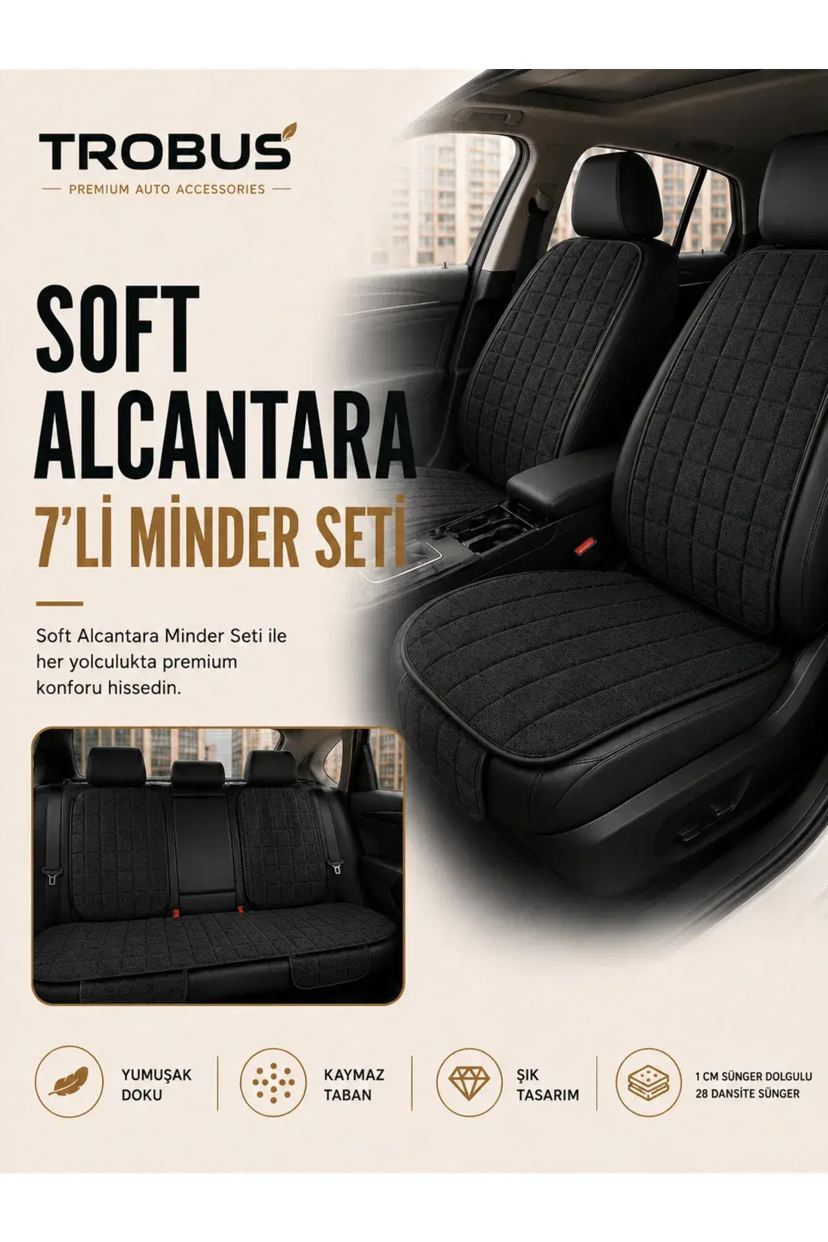 Üniversal Soft Alcantara Kare Desen 7'li Oto Koltuk Minderi Siyah (1)