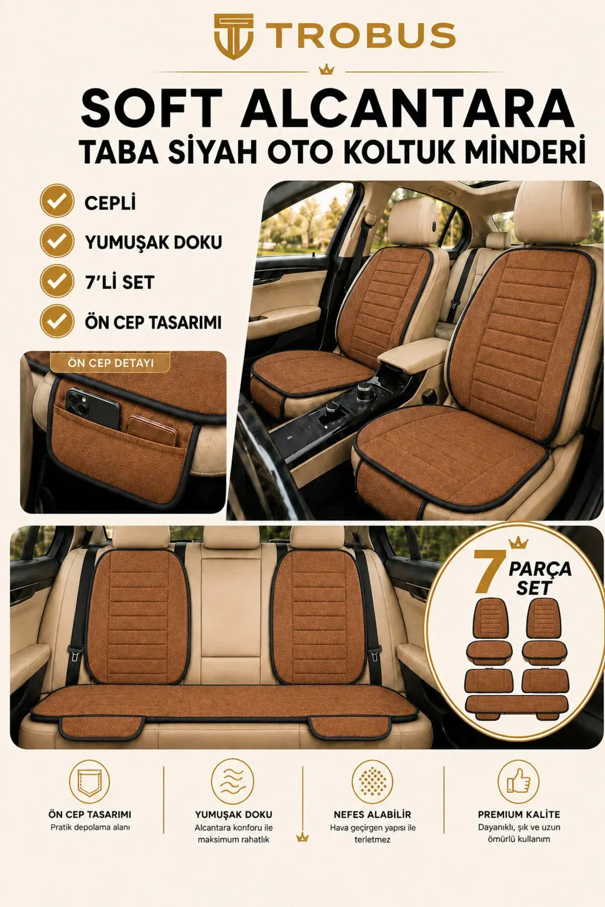 Üniversal Soft Alcantara Çizgili 7'li Oto Koltuk Minderi Taba Siyah (1)