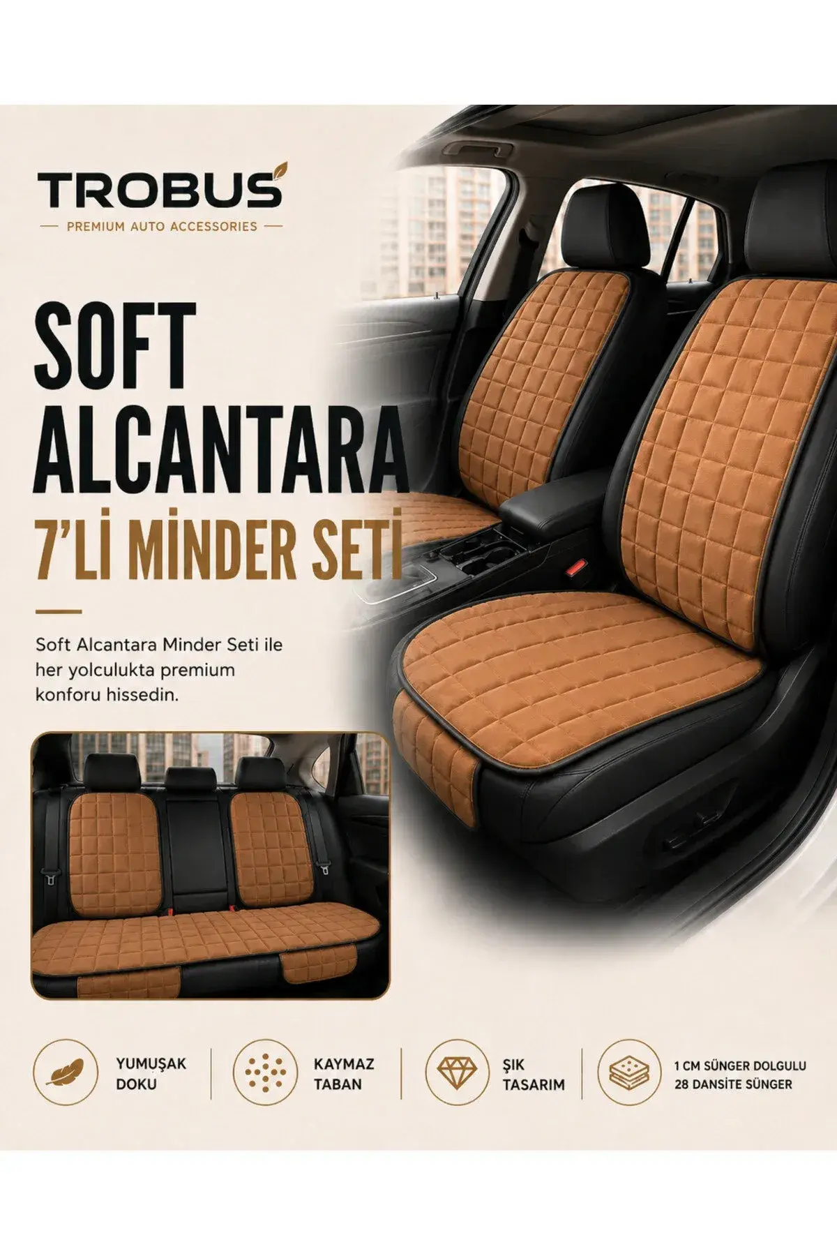 Üniversal Soft Alcantara Kare Desen 7'li Oto Koltuk Minderi Taba (1)