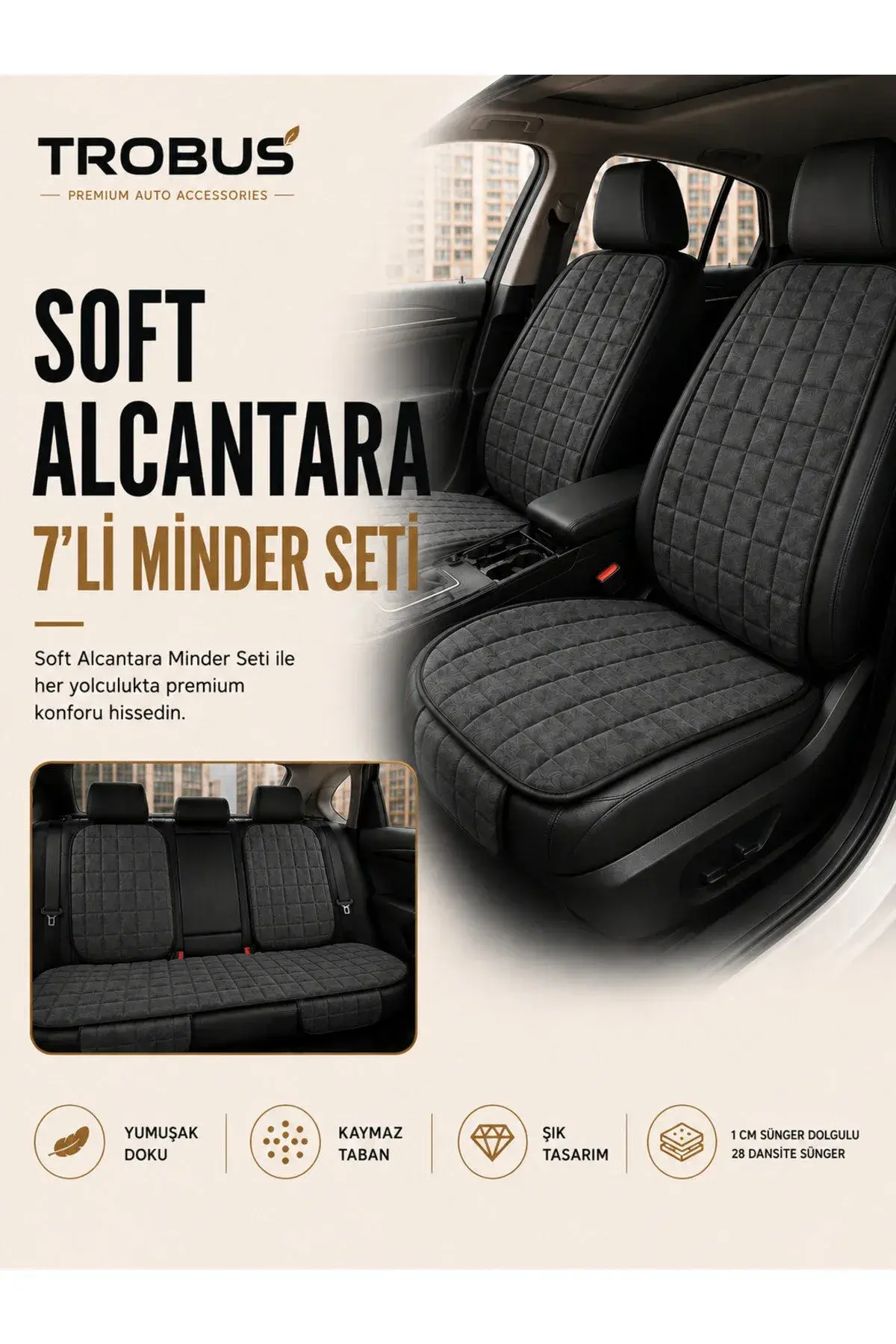 Üniversal Soft Alcantara Kare Desen 7'li Oto Koltuk Minderi Antrasit (1)