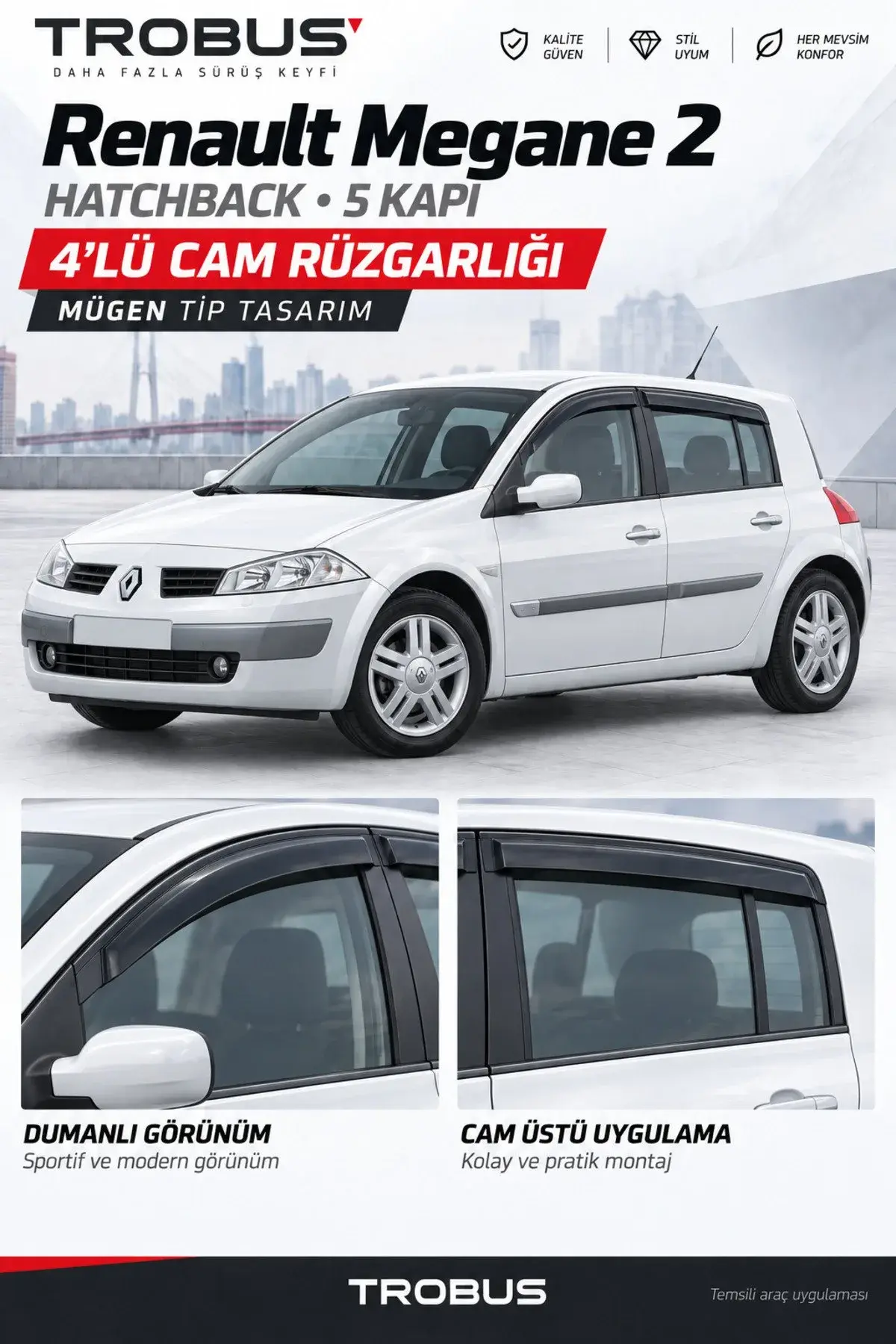 Renault Megane 2 HB (2003-2010) Cam Rüzgarlığı 4'lü (1)