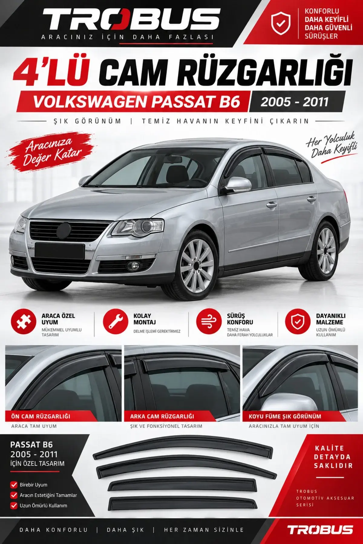 Volkswagen Passat B6 (2005-2011) Cam Rüzgarlığı 4'lü (1)