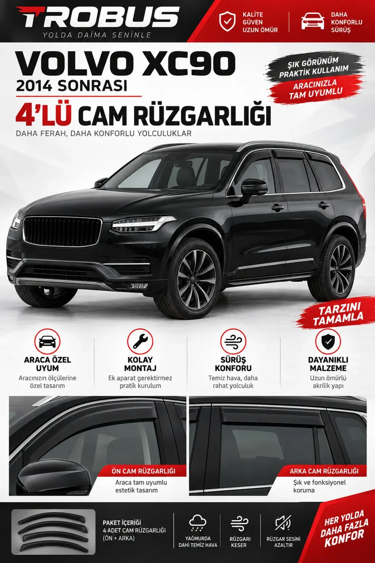 Volvo XC90 OEM İçe Geçmeli (2015 ve Sonrası) Cam Rüzgarlığı 4'lü (1)