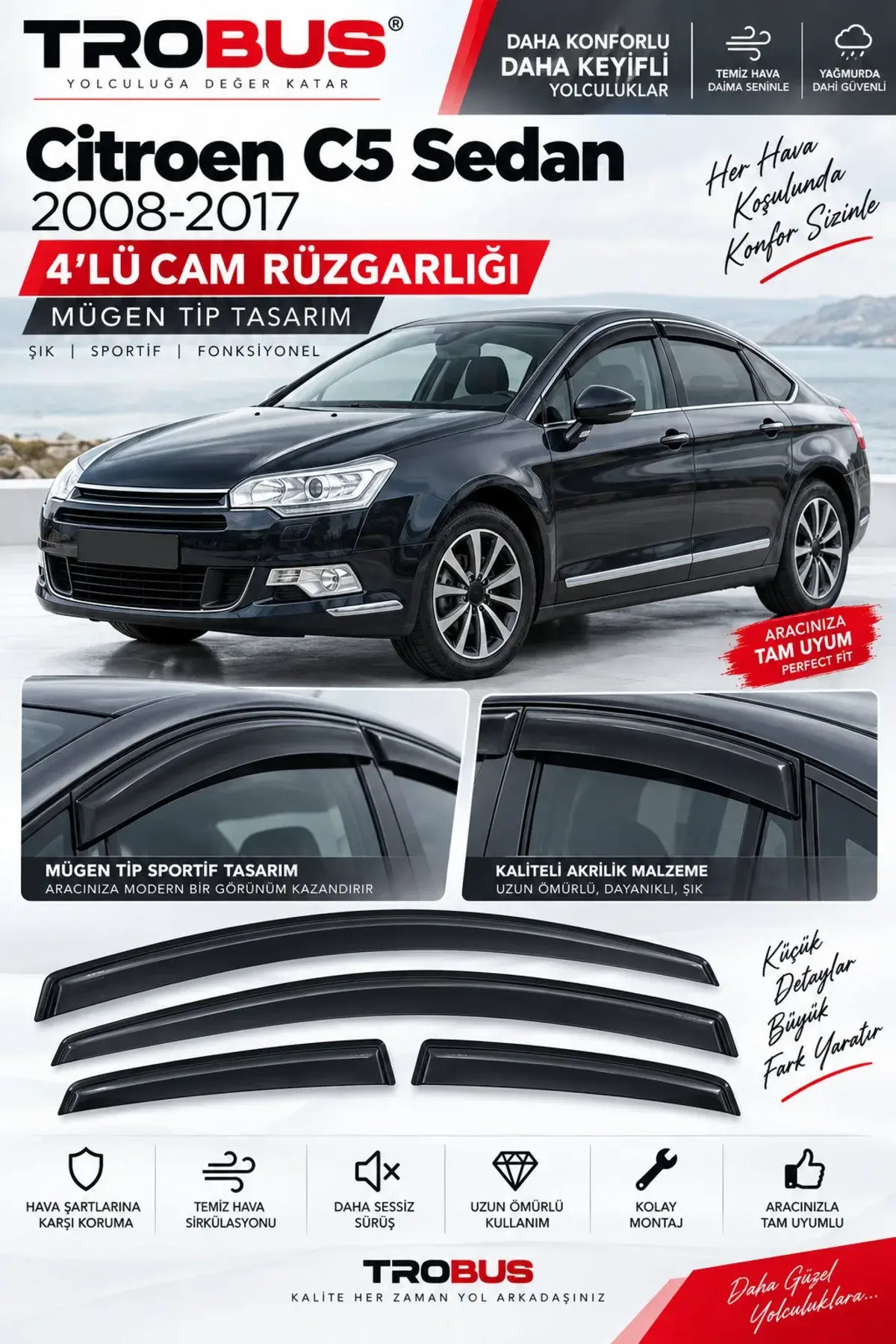 Citroen C5 Sedan (2008-2017) Cam Rüzgarlığı 4'lü (1)