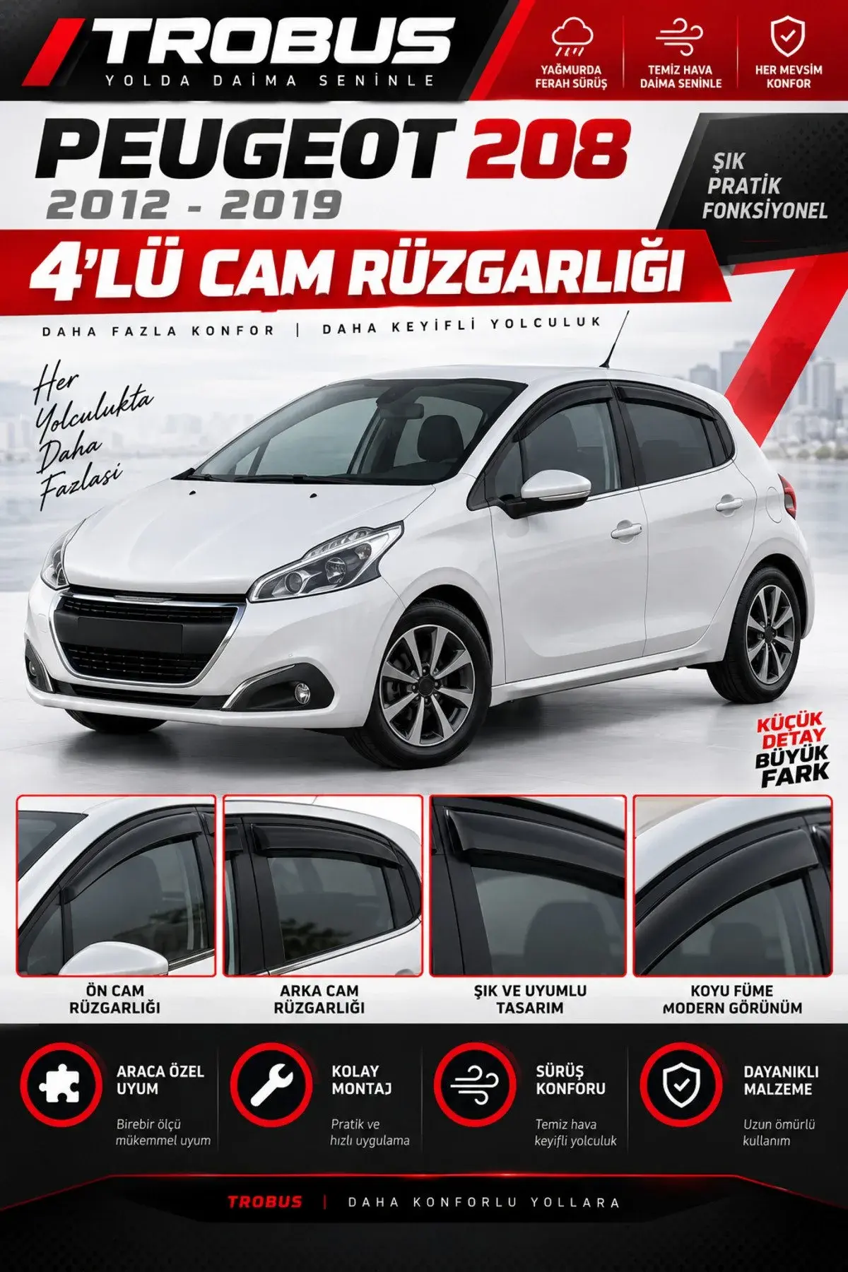 Peugeot 208 (2012-2019) Cam Rüzgarlığı 4'lü (1)