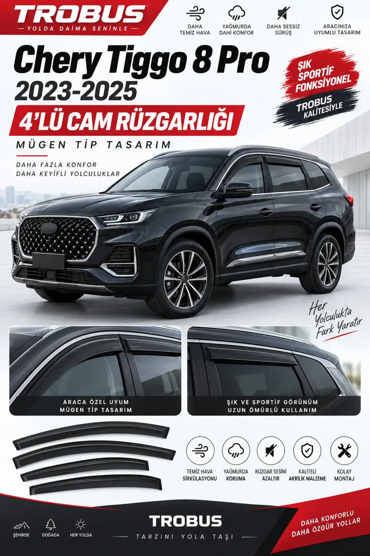 Chery Tiggo 8 Pro / Pro Max (2023 ve Sonrası) Cam Rüzgarlığı 4'lü (1)