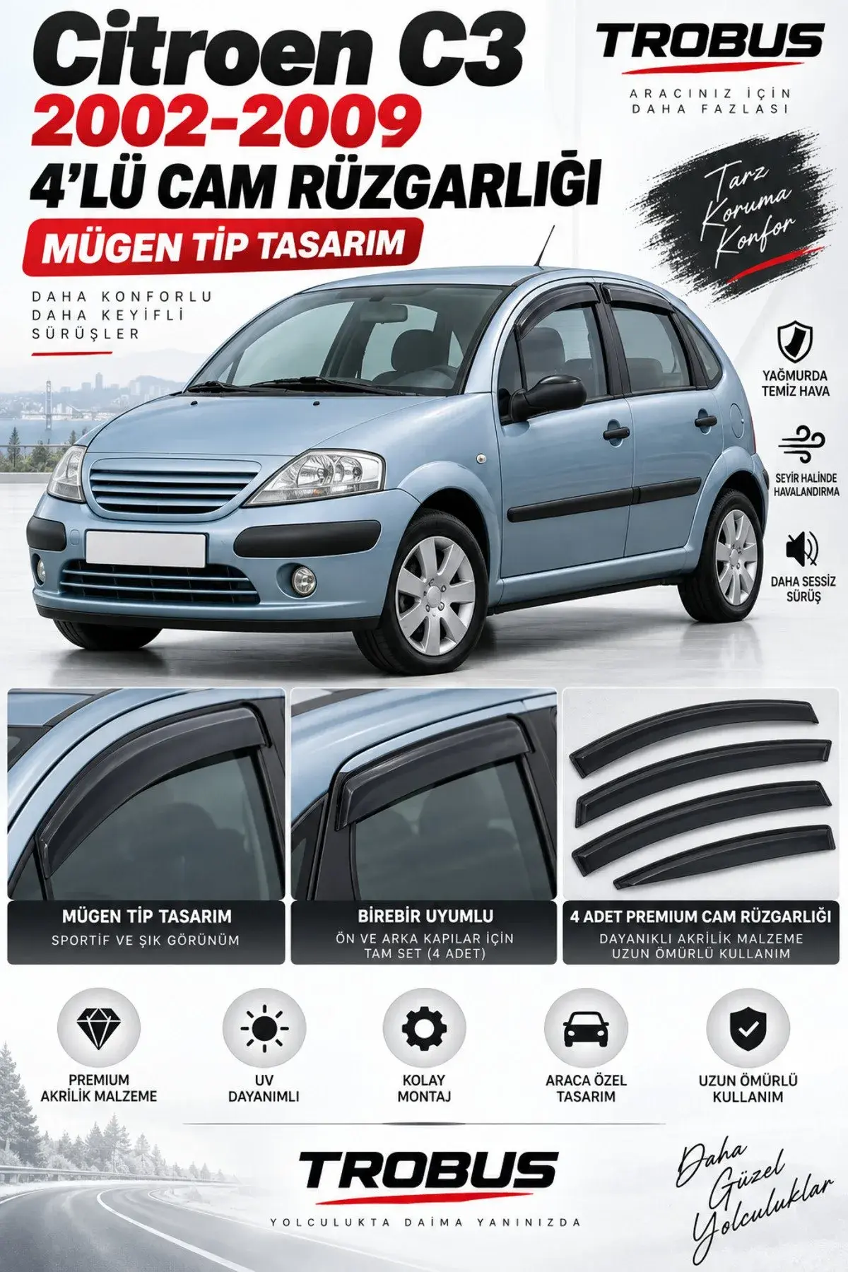 Citroen C3 HB (2002-2009) Cam Rüzgarlığı 4'lü (1)