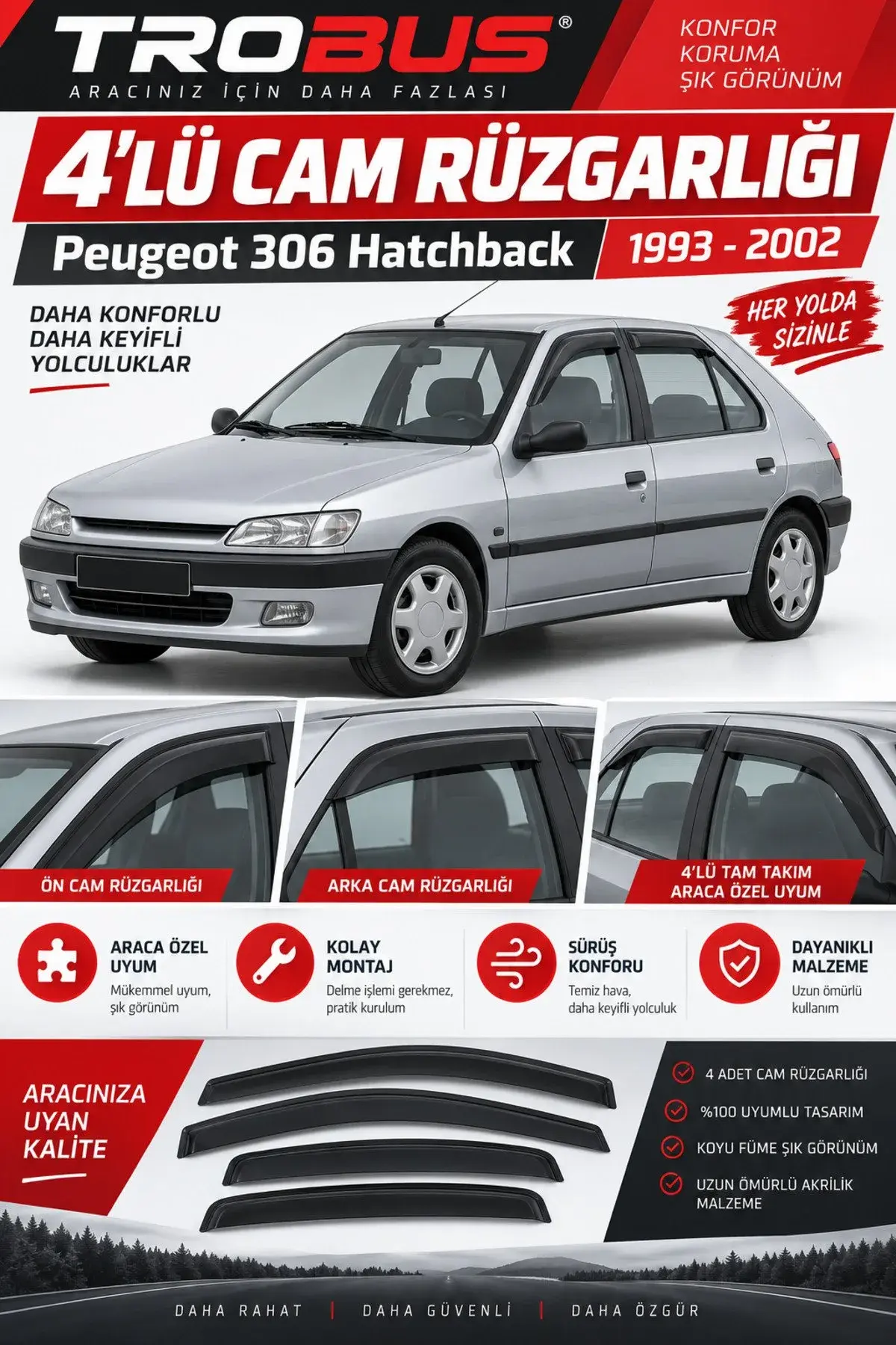 Peugeot 306 (1993-2002) Cam Rüzgarlığı 4'lü (1)