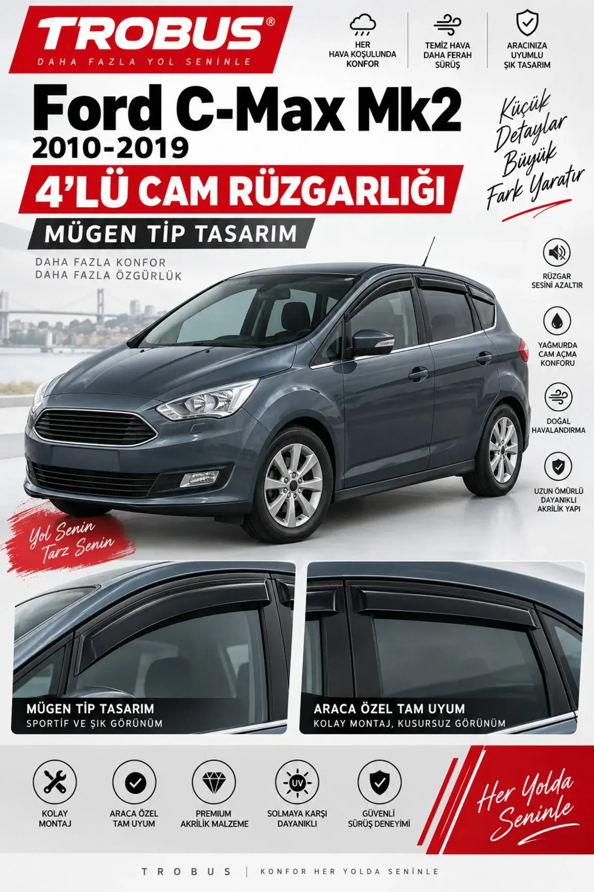 Ford C-Max (2010-2019) Cam Rüzgarlığı 4'lü (1)