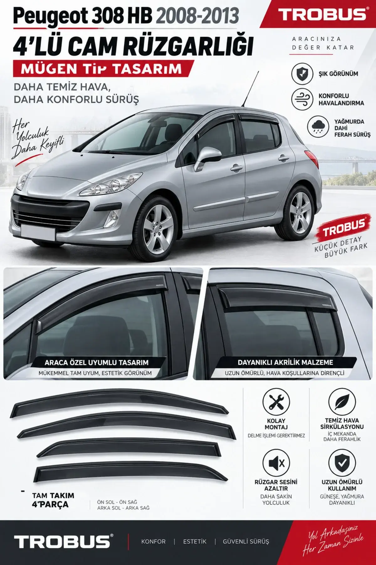 Peugeot 308 (2008-2013) Cam Rüzgarlığı 4'lü (1)