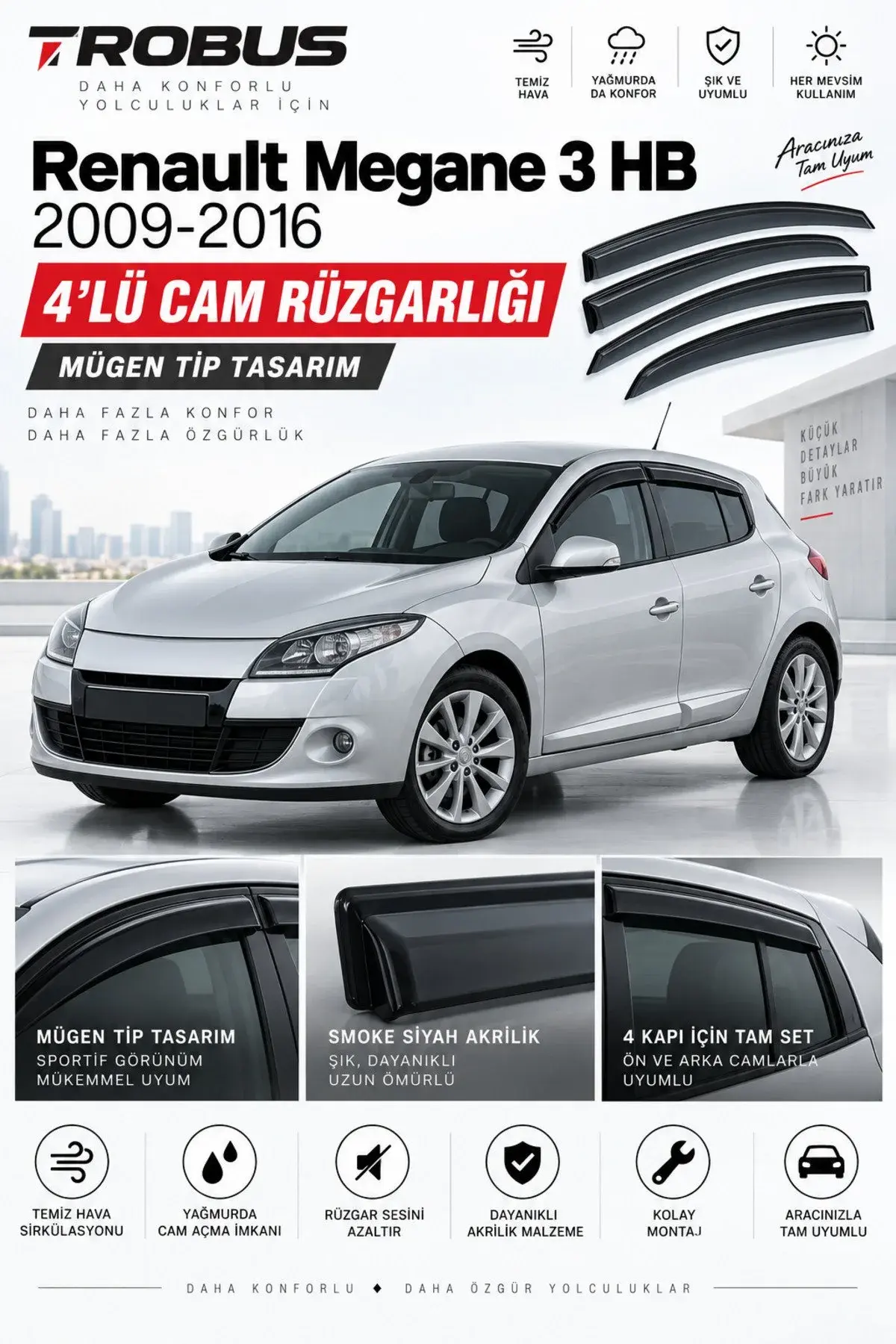 Renault Megane 3 SW (2008-2016) Cam Rüzgarlığı 4'lü (1)