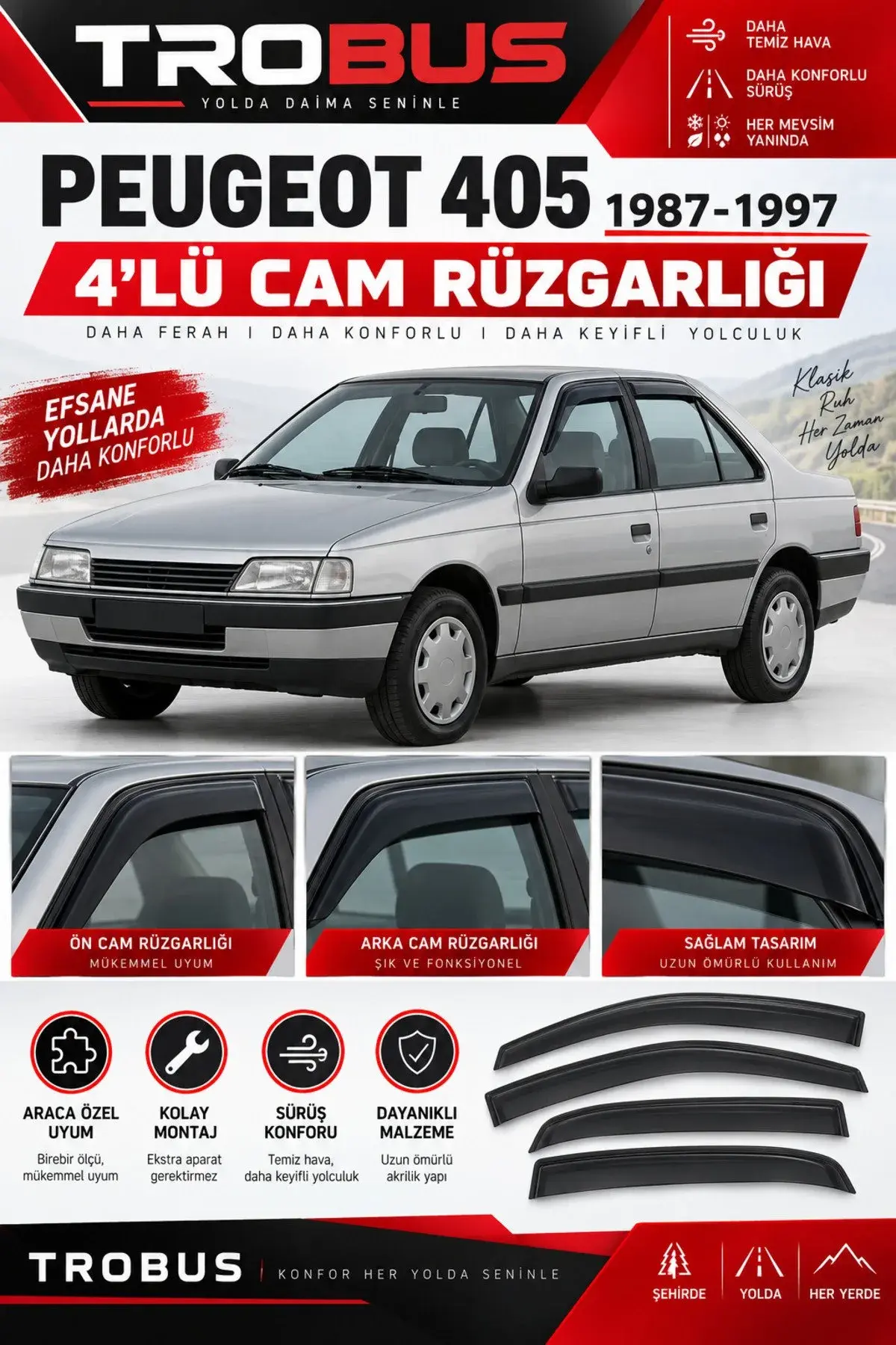 Peugeot 405 Sedan (1987-1997) Cam Rüzgarlığı 4'lü (1)