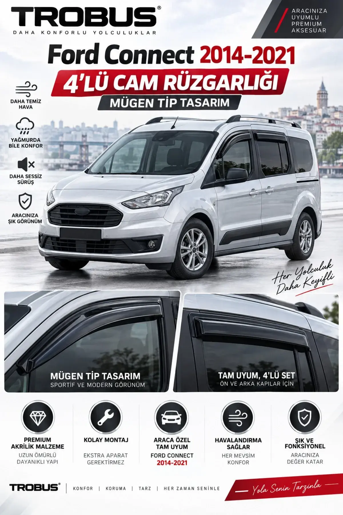 Ford Connect (2014-2021) Cam Rüzgarlığı 4'lü (1)
