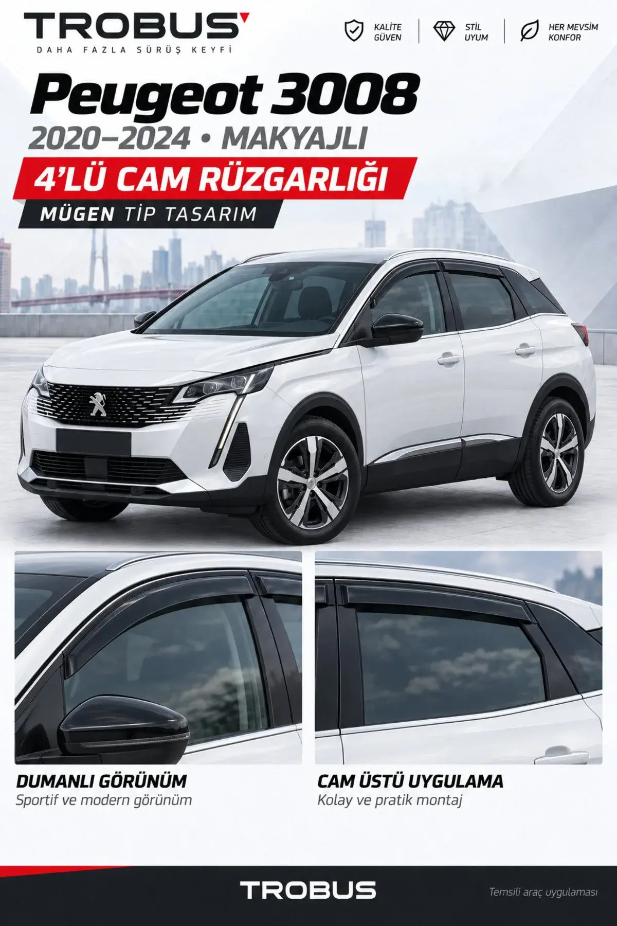 Peugeot 3008 (2016-2024) Cam Rüzgarlığı 4'lü (1)