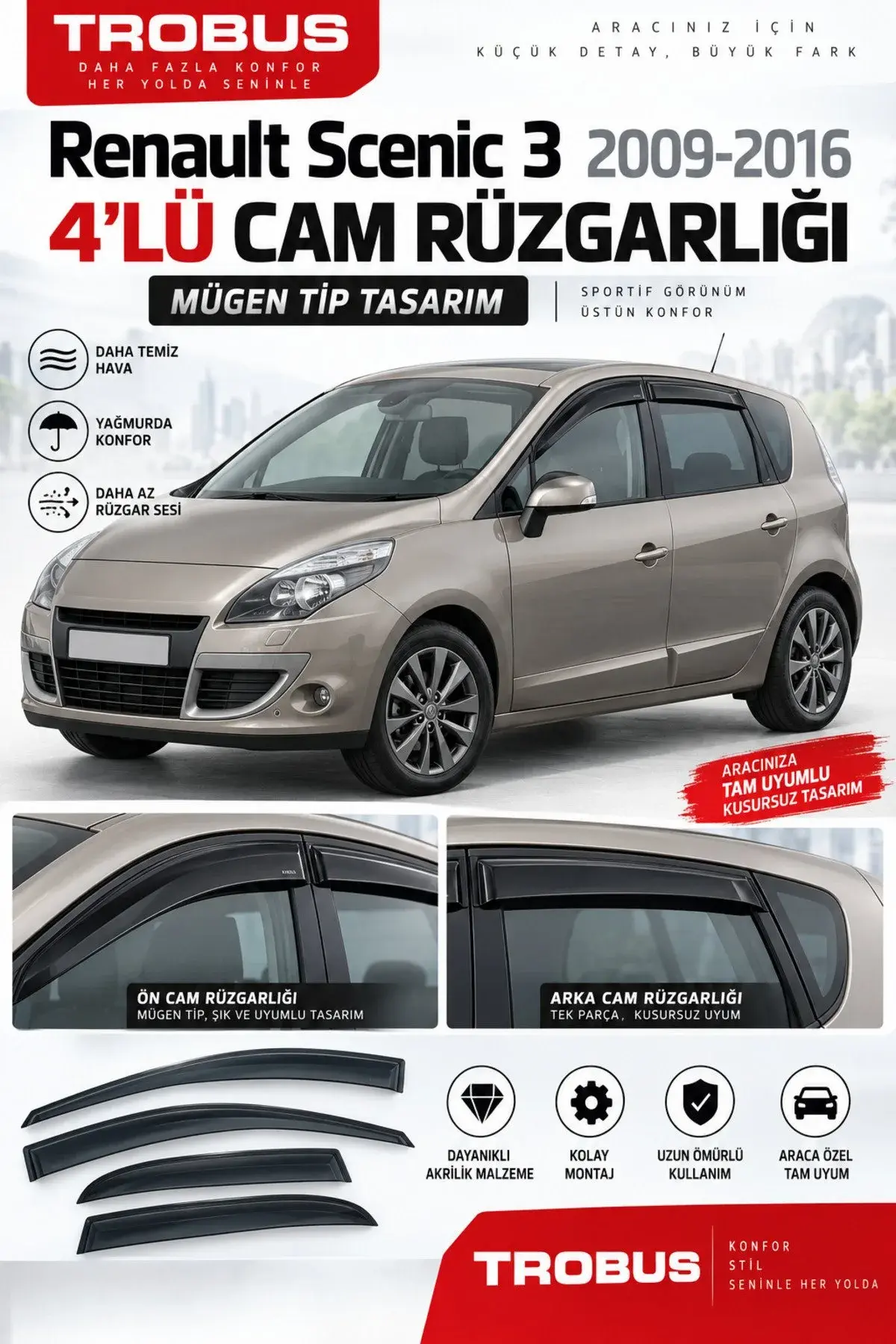 Renault Scenic 3 (2009-2016) Cam Rüzgarlığı 4'lü (1)