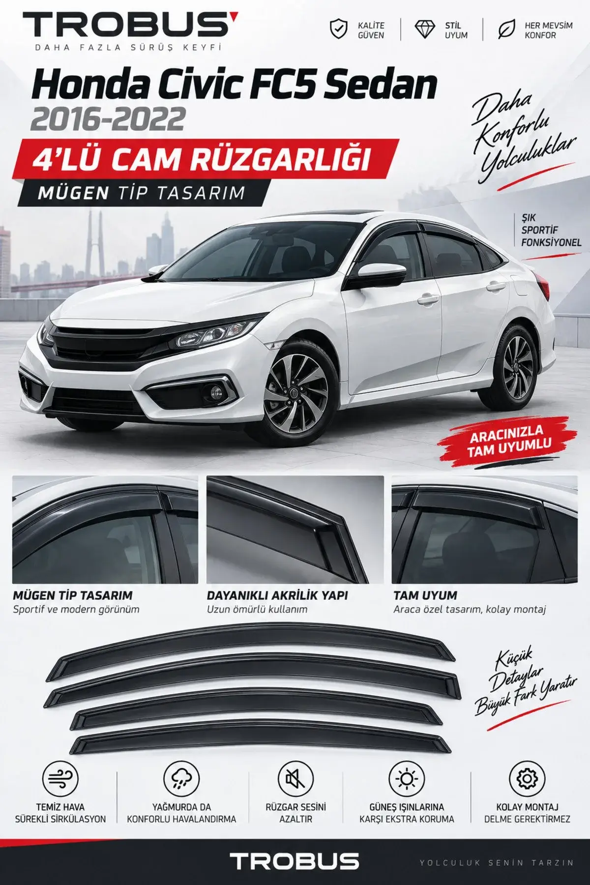 Honda Civic Sedan (2016-2020) Cam Rüzgarlığı 4'lü (1)