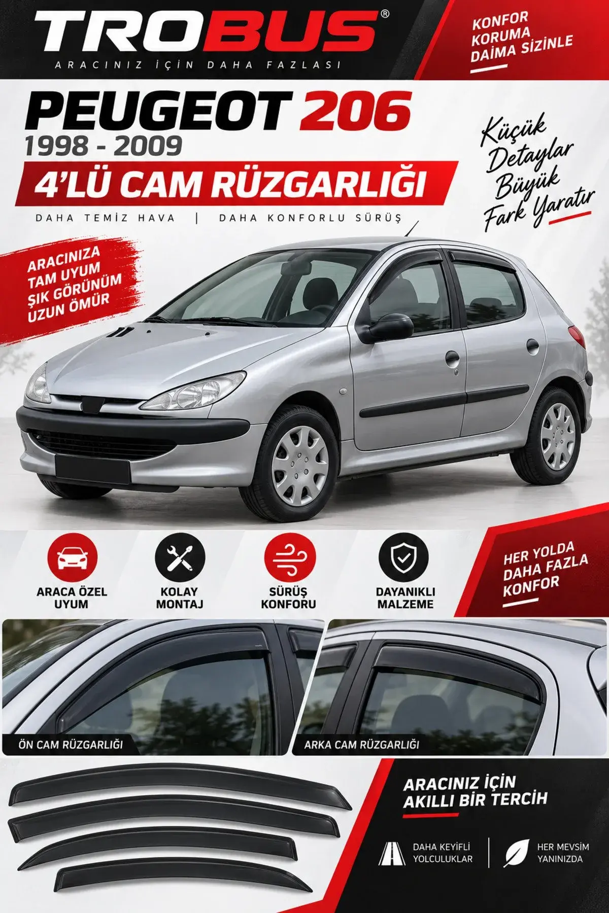 Peugeot 206 (1998-2012) / 5 Kapı Cam Rüzgarlığı 4'lü (1)