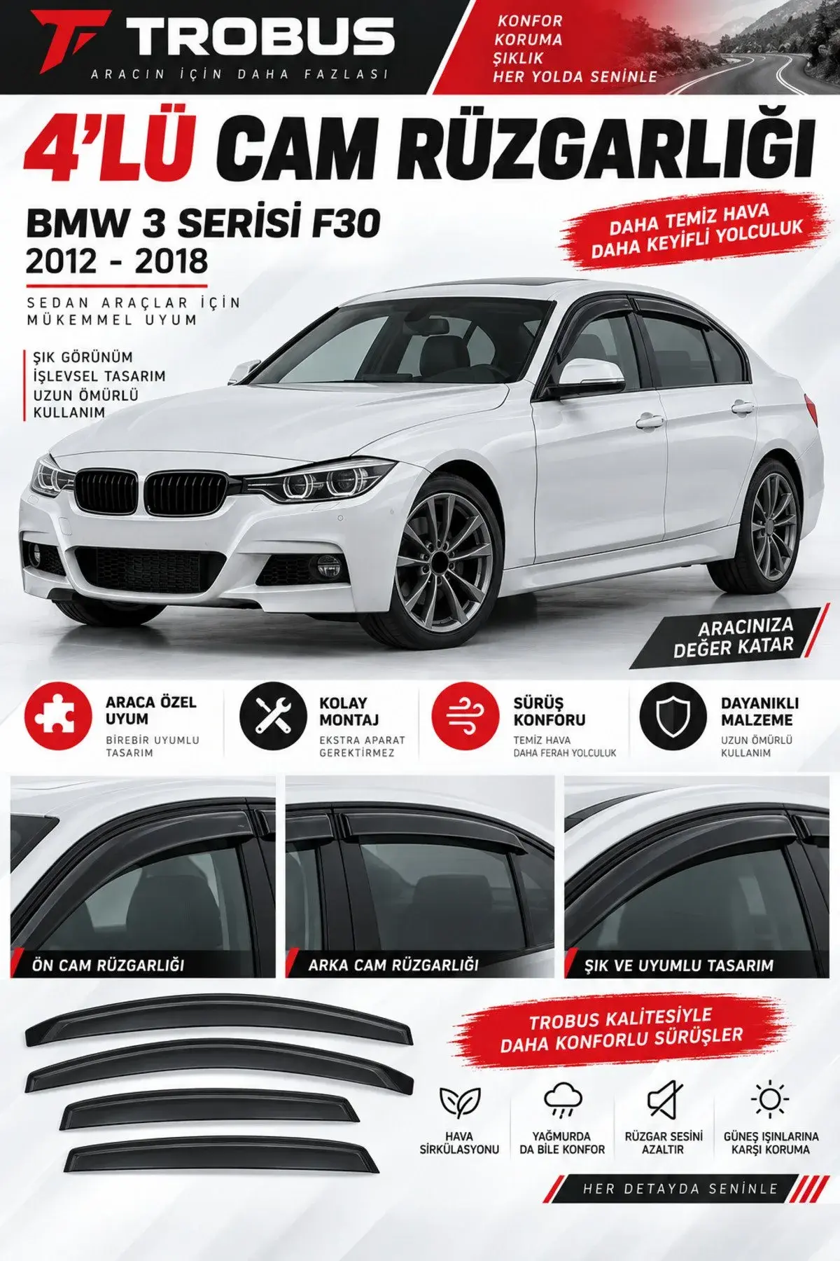 BMW 3 Serisi F30 (2012-2018) / BMW 3 Serisi M3 F80 (2012-2018) Sedan Cam Rüzgarlığı 4'lü (1)