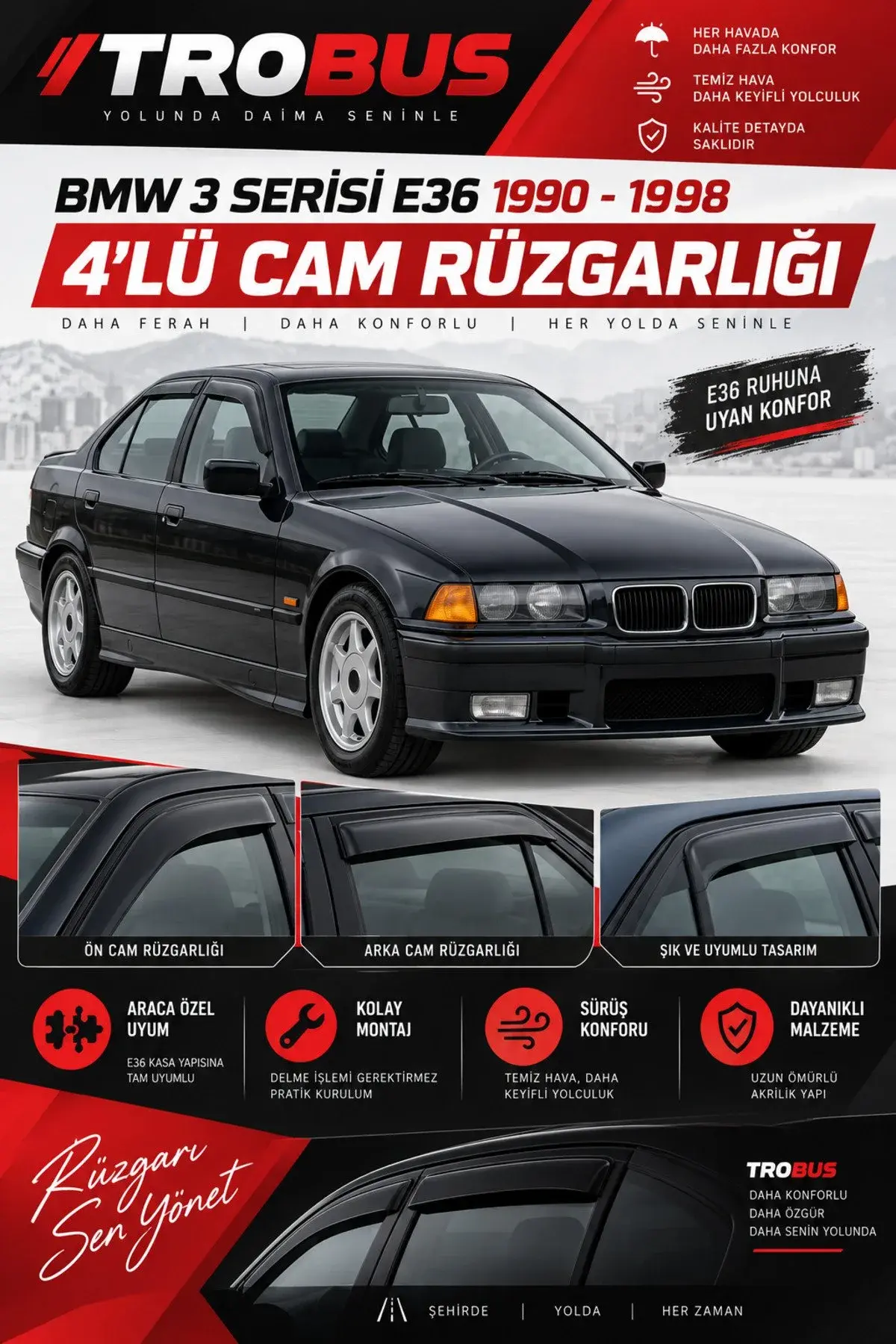 BMW 3 Serisi E36 Sedan (1990-1998) Cam Rüzgarlığı 4'lü (1)