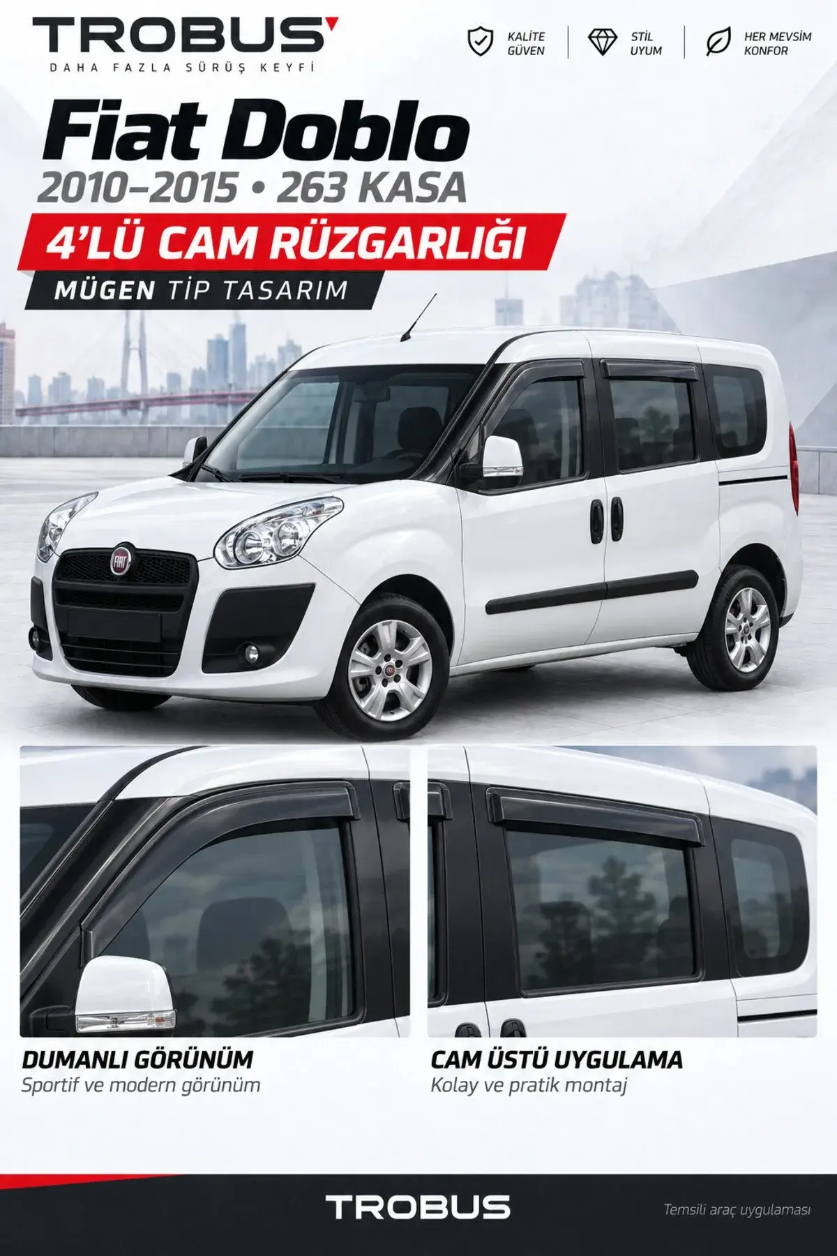 Fiat Doblo 3 - Doblo 4 (2010-2023) / Opel Combo D (2012-2018) Cam Rüzgarlığı 4'lü (1)