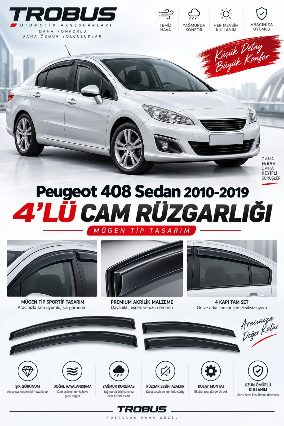 Peugeot 408 (2010-2019) Cam Rüzgarlığı 4'lü (1)