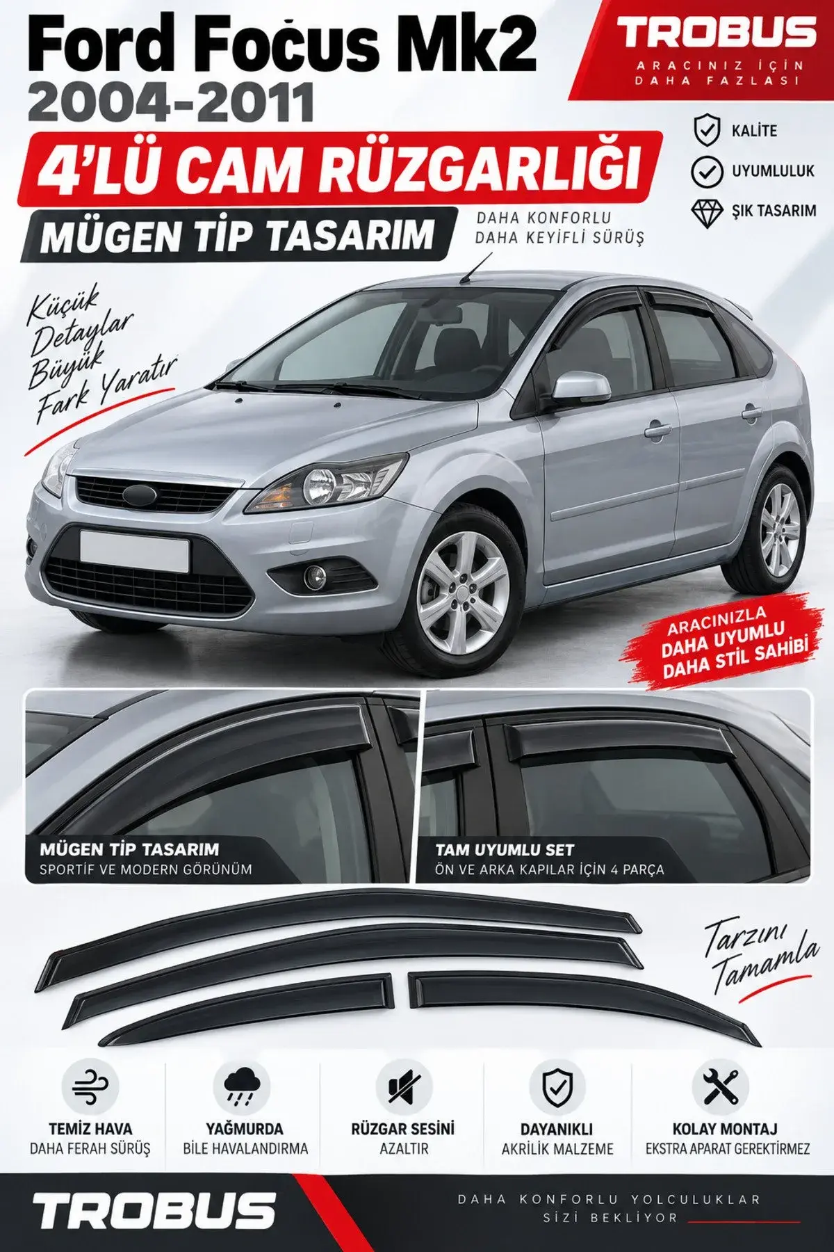 Ford Focus 2 Sedan – HB (2004-2011) Cam Rüzgarlığı 4'lü (1)