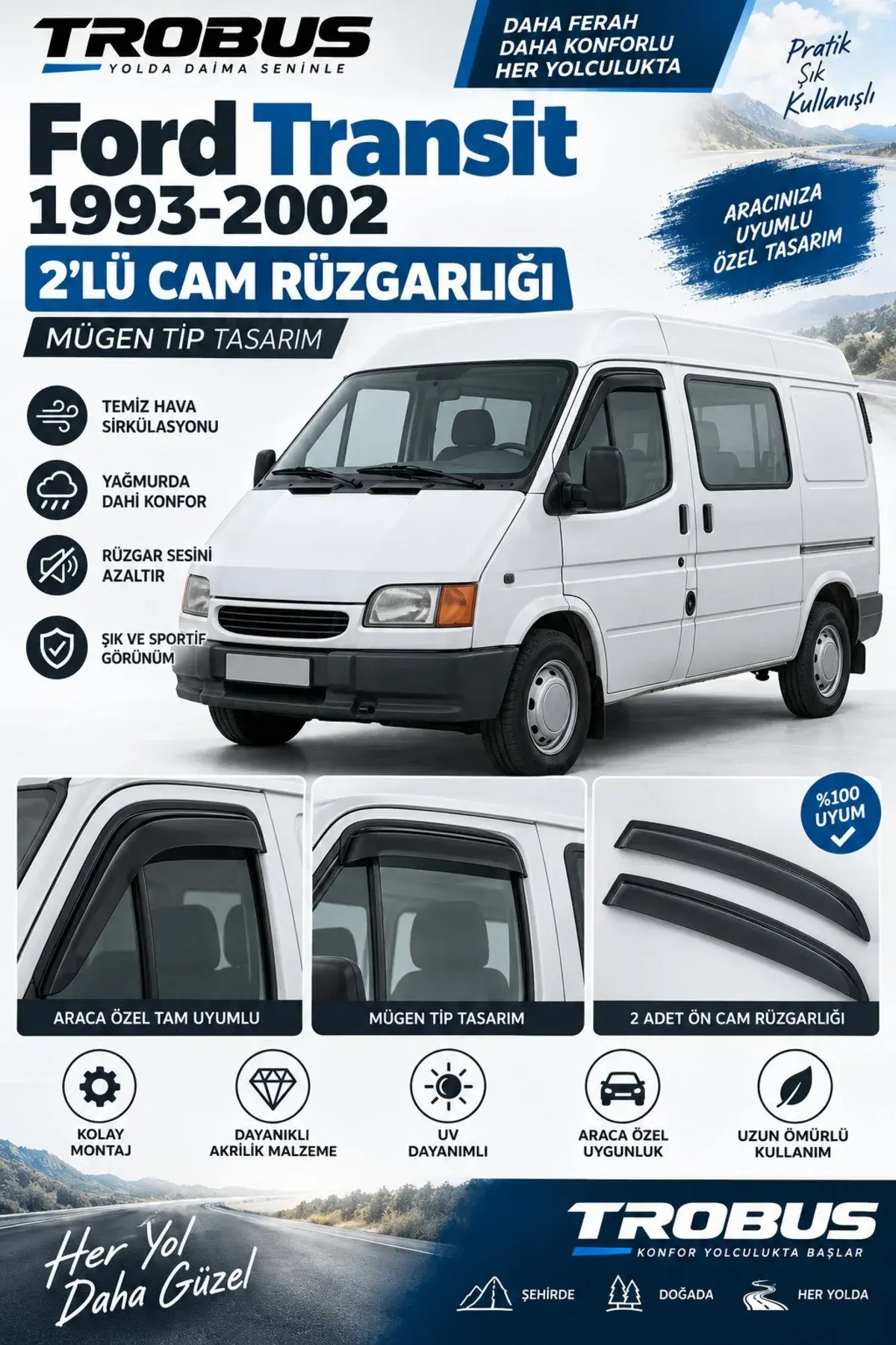 Ford Transit Gülen Yüz (1993-2002) Fitil Üstü Ön Set Cam Rüzgarlığı 2'li (1)