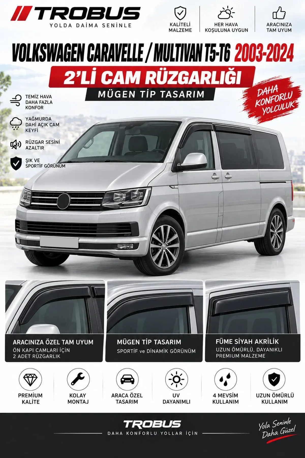 Volkswagen Transporter T5 / T6 Caravelle (2003-2022) Cam Rüzgarlığı 2'li (1)